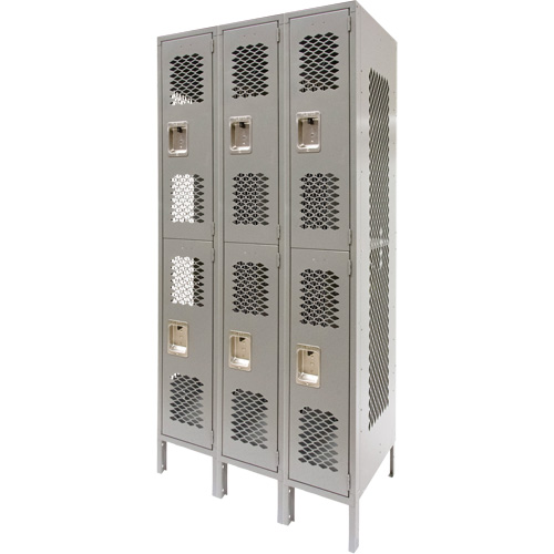 FN823 Casiers ventil&eacute;s, 2 niveaux, Bloc de 3, 36" x 18" x 78", Acier, Gris, D&eacute;mont&eacute;, Perfor&eacute;