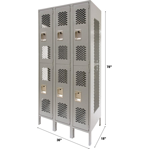 FN823 Casiers ventil&eacute;s, 2 niveaux, Bloc de 3, 36" x 18" x 78", Acier, Gris, D&eacute;mont&eacute;, Perfor&eacute;