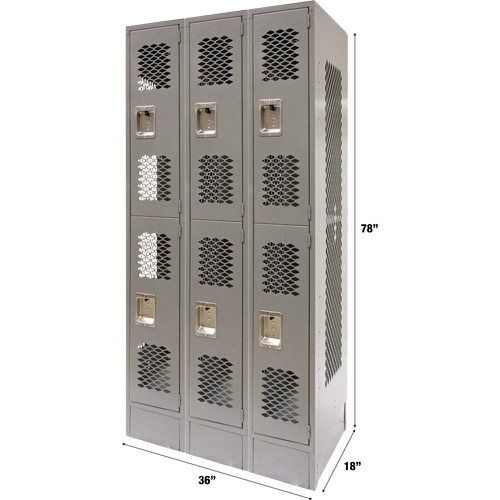 FN853 Casiers ventil&eacute;s, 2 niveaux, Bloc de 3, 36" x 18" x 78", Acier, Gris, D&eacute;mont&eacute;, Perfor&eacute;