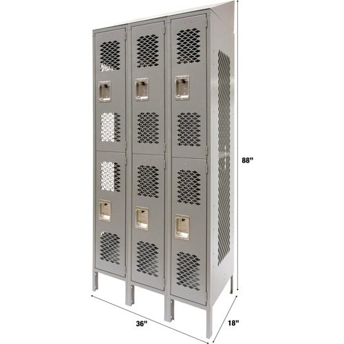 FN859 Casiers ventil&eacute;s, 2 niveaux, Bloc de 3, 36" x 18" x 88", Acier, Gris, D&eacute;mont&eacute;, Perfor&eacute;