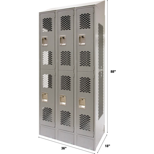 FN865 Casiers ventil&eacute;s, 2 niveaux, Bloc de 3, 36" x 18" x 88", Acier, Gris, D&eacute;mont&eacute;, Perfor&eacute;