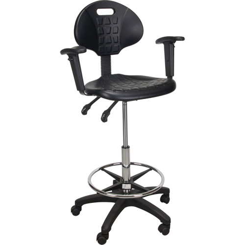 Kleton OR334 Heavy-Duty Ergonomic Stool with Adjustable Arm Rests & Nylon Stem Casters, Mobile, Adjustable, 39" - 48", Polyurethane Seat, Black