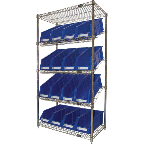 RN658 &eacute;tag&egrave;re en treillis m&eacute;tallique &agrave; tablettes inclin&eacute;es avec bacs, Tiers 5, 36" la x 63" h x 18" p