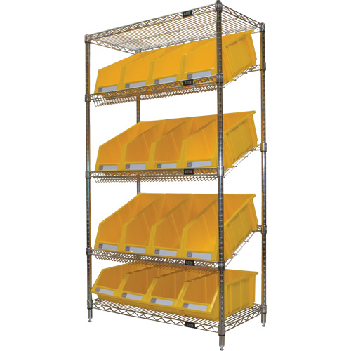 RN659 &eacute;tag&egrave;re en treillis m&eacute;tallique &agrave; tablettes inclin&eacute;es avec bacs, Tiers 5, 36" la x 63" h x 18" p