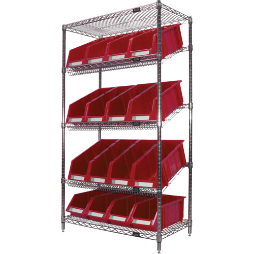 RN661 &eacute;tag&egrave;re en treillis m&eacute;tallique &agrave; tablettes inclin&eacute;es avec bacs, Tiers 5, 36" la x 63" h x 18" p