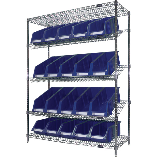 RN662 &eacute;tag&egrave;re en treillis m&eacute;tallique &agrave; tablettes inclin&eacute;es avec bacs, Tiers 5, 48" la x 63" h x 18" p