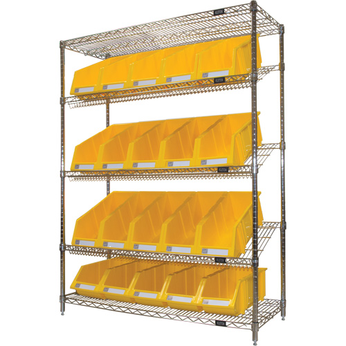 RN663 &eacute;tag&egrave;re en treillis m&eacute;tallique &agrave; tablettes inclin&eacute;es avec bacs, Tiers 5, 48" la x 63" h x 18" p