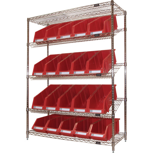 RN665 &eacute;tag&egrave;re en treillis m&eacute;tallique &agrave; tablettes inclin&eacute;es avec bacs, Tiers 5, 48" la x 63" h x 18" p